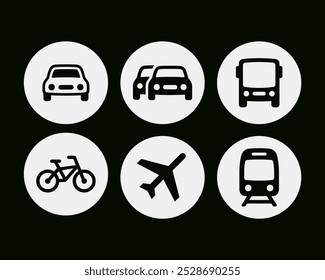 Black and white vector design on a black background featuring a collection of transportation icons, including bus, car, train, plane and bicycle icons.