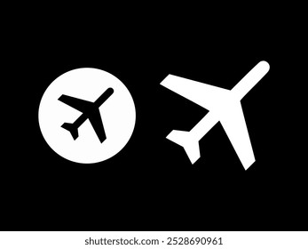 Schwarz-weißes Vektordesign auf schwarzem Hintergrund mit detaillierten Flugzeugsymbolen. Geeignet für minimalistische oder grafische Designprojekte mit dem Thema Luftverkehr