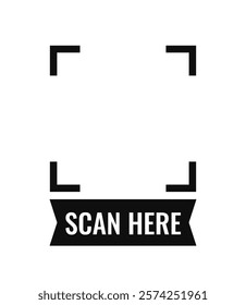 Black and white vector design with a Scan Here text banner in bold, surrounded by square brackets on a white background. Concept of QR code marking. Vector illustration