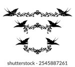 black and white vector design set of two swallow birds holding elegant calligraphic decorative elements with rose flowers for page decor or invitation