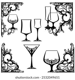 conjunto de design vetorial preto e branco de elegantes elementos decorativos de canto com copos de vinho e coquetel para bebidas