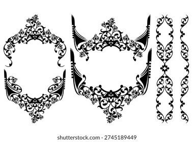 black and white vector design set of elegant antique style floral frame decor made of rose flowers and stems with venetian gondola boat bow