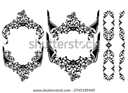 black and white vector design set of elegant antique style floral frame decor made of rose flowers and stems with venetian gondola boat bow