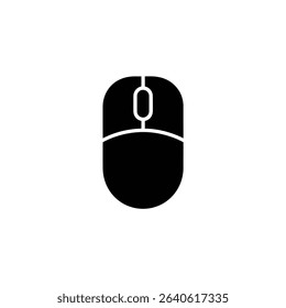 Black and white vector design showing a simple computer mouse on a plain white background, ideal for illustrating computing or technology icons.