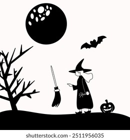 Black and white vector design silhouette of a witch with a magic broom Halloween hand drawn
