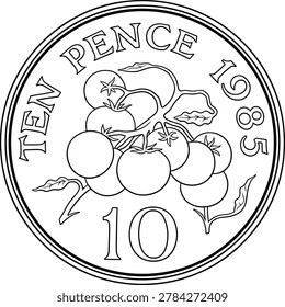 black and white vector design silhouette Guernsey 10 pence coin line art