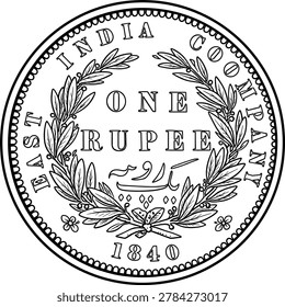 black and white vector design silhouette east india one rupee coin 1840 line art