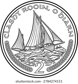 black and white vector design silhouette 2 pence coin isle of man, line art 