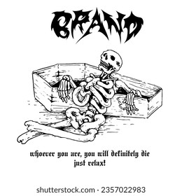 black and white vector design, skeleton is relaxing, smoking on a coffin. very suitable for underground music merchandise.