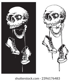 black and white vector design, skull and a pair of hanging shoes. very suitable for designing merchandise such as t-shirts, slayers, and others.