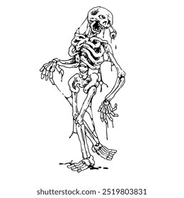 black and white vector design. walking skeleton image. suitable for printing on clothes or other merchandise.