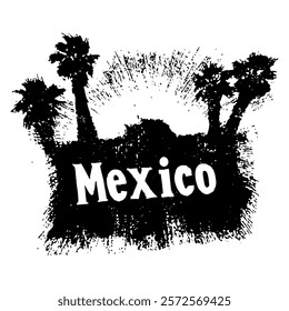 black and white vector design with the word "Mexico" and silhouettes of palm trees, crafted in grunge style with bold textures, perfect for travel and destination themes