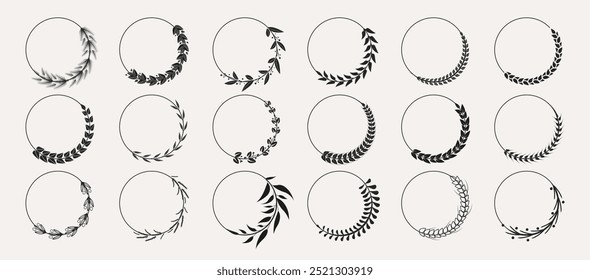 Black and white vector designs of circular wreaths with various leaf patterns. Ideal for nature themes logos wedding invitations decorations and eco-friendly products. Simple elegant style