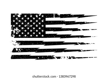 Black and White Vector Distressed American Flag with Stripes in Lightning Shape