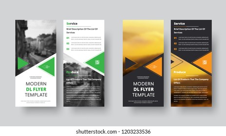 Black and white vector DL flyer design with place for photo. Template with orange and green triangles.