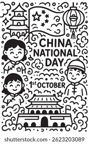 Black and white vector doodle background celebrating China National Day on 1st October with flags, fireworks, Great Wall, lanterns, and happy citizens.