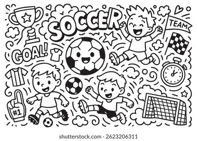 Black and white vector doodle background with soccer balls, players in action, goalposts, whistles, cheering fans, scoreboards, and energetic match scenes.