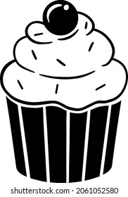 doodle vectorial en blanco y negro de un quequito con crema. Puede utilizarse como icono o ilustración en el menú. 
