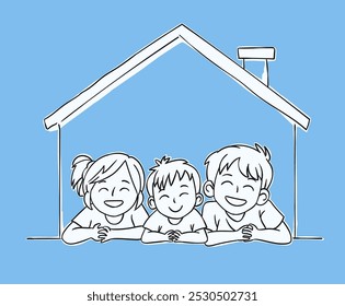 Preto e branco vetor doodle retratando uma família que vive feliz em casa acolhedora, unidade e calor juntos. Ilustração cativante de esboço preto e branco arrojado de uma família reunida em casa, juntos