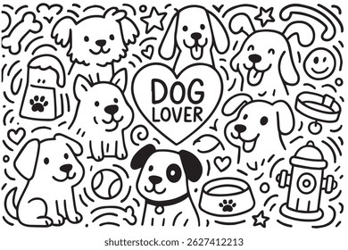 A black and white vector doodle features playful sketches of dogs, bones, and paw prints, capturing the joyful spirit of every dog lover.

