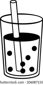 black and white vector doodle of a glass with boba tea. It can be used as an icon or as an illustration in the menu.