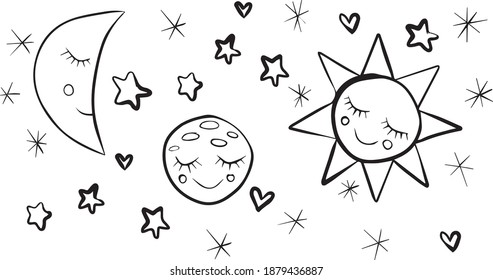 Black and white vector Doodle illustration with the heavenly bodies, the sun, the moon, the moon and the stars. Suitable as an illustration, design or coloring.