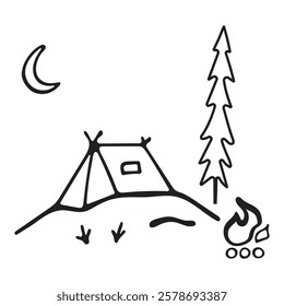 Black and white vector doodle illustration of camping on a white background. A tent, a tree, a bonfire.