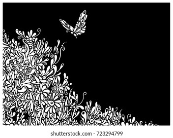 Black and white vector doodle illustration with plants, grass, flowers and butterfly