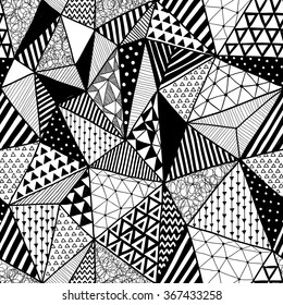 black and white vector doodle seamless pattern with triangles. aztec abstract geometric art print. ethnic hipster backdrop. Wallpaper, cloth design, fabric, paper, wrapping, textile. hand drawn.  