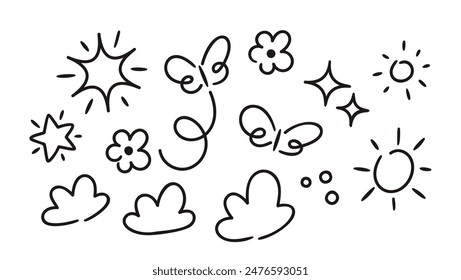 Black And White Vector Doodle Set With Various Stars, Butterflies, Flowers, Clouds And Sparkles Elements