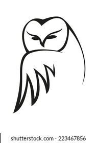 Black and white vector doodle sketch of an owl peering at the viewer over on outspread wing