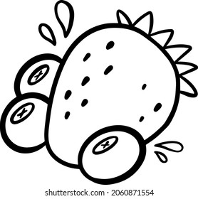 Doodle vectorial blanco y negro de fresa y algunos arándanos.