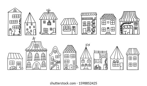 Black and white vector doodle style houses. Collection of cute hand-drawn houses. All objects isolated on a white background. For children's design. Outline drawing. Small town street with houses