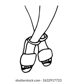 Black and white vector doodle style image of female legs in summer sandals. Summer shoes.