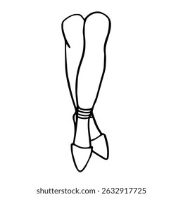 Black and white vector doodle style image of female legs in summer sandals. Summer shoes.
