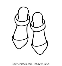 Black and white vector doodle style image of women's sandals. Summer footwear.
