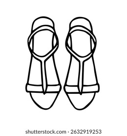 Black and white vector doodle style image of women's sandals. Summer footwear.