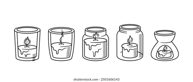 Black And White Vector Doodles Featuring Five Different Candles In Various Holders. Each Candle Exhibits Unique Features