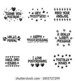 doodles vectoriales en blanco y negro para correo, franqueo y posttravesía. Citas cortas con corazones, flores, relámpagos y elementos. Plantilla de vectores para tarjeta, postal, banner, afiche, pegatina y web