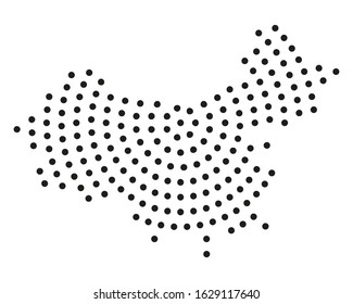 Black and white vector dotted China map based on a polar grid illustration