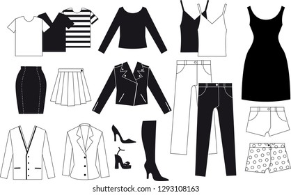 Black and white vector drawing of assorted pieces of women's clothes, EPS 8 
