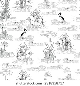 Dibujo vectorial en blanco y negro de aves y plantas fluviales sobre un fondo blanco. Patrón sin foco.