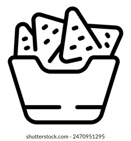Black and white vector drawing of a bowl full of nacho chips, perfect for menus and food designs