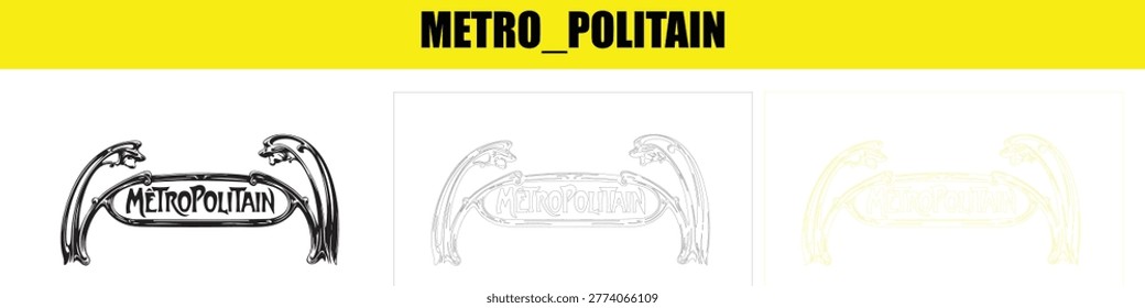 Black and white vector drawing of a classic Art Nouveau Metropolitain sign, featuring decorative elements and distinctive typography, symbolizing Parisian metro.