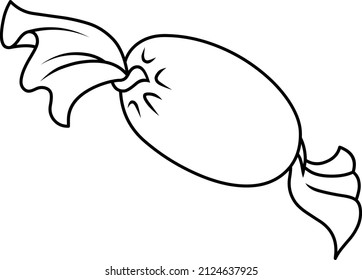 Black and white vector drawing of a delicious candy with a wrapper. Outline.
