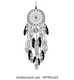 Black and white vector drawing of a dream-catcher talisman isolated on white background. Native American dream catcher  talisman and magic charm. Adult coloring book dreamcatcher illustration. 