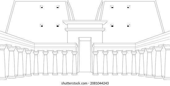 Dibujo vectorial en blanco y negro de un palacio egipcio con columnas a su alrededor. Esquema.
