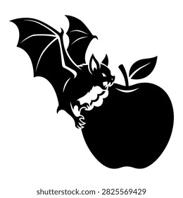Black and white vector drawing featuring a demonic bat attacking a large fruit with leaf.