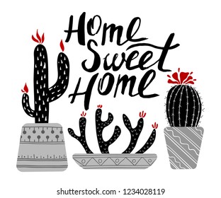 Black and white vector drawing. Flowering potted cacti, home plants, home garden on white background