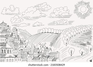 black and white vector drawing in the form of a sketch depicting a small town in the countryside for the design of illustrations, covers, stained glass windows